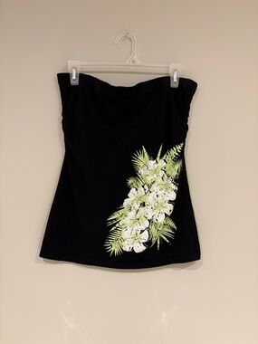 Y2K Black Strapless Tube Top with White & Lime Floral Print